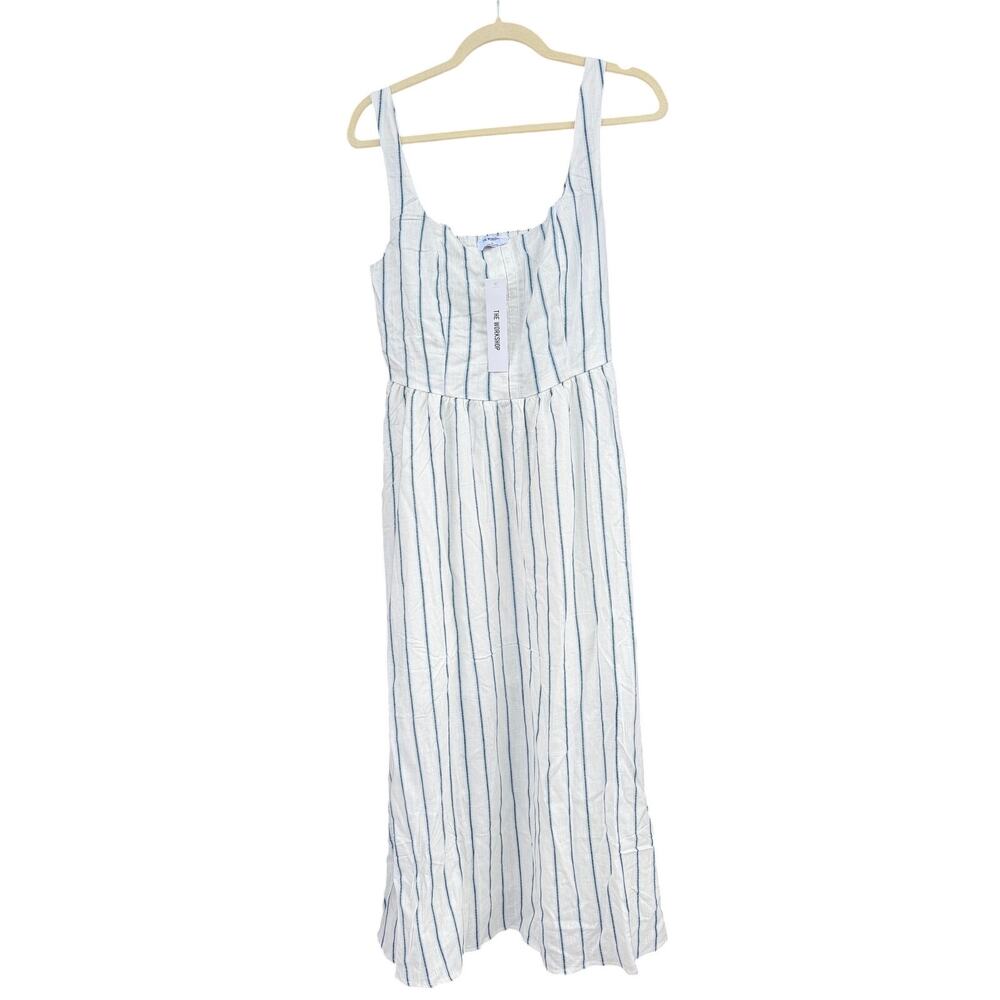 The Workshop Ella Stripe Midi Dress Front Hook Linen Blend Medium M NWT - Picture 2 of 10